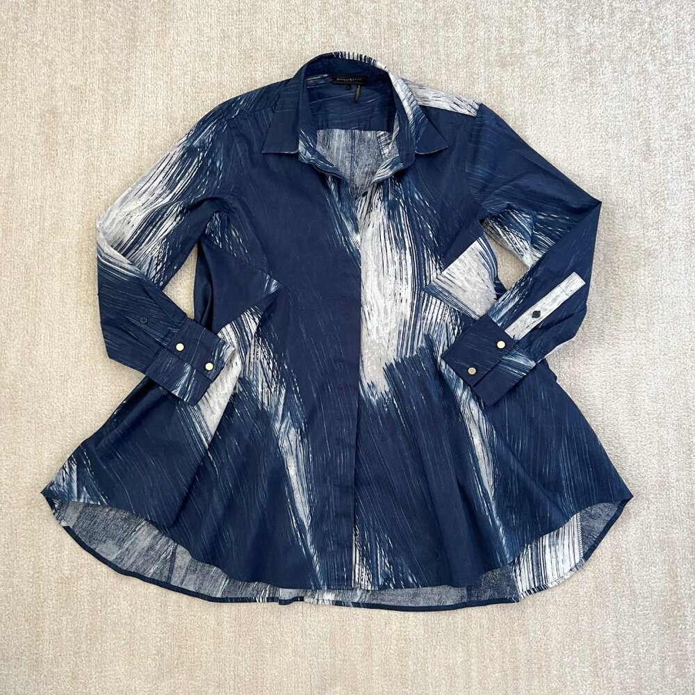 Donna Karan New York Long Sleeve Button Up Cotton Tunic Blouse Top M Blue